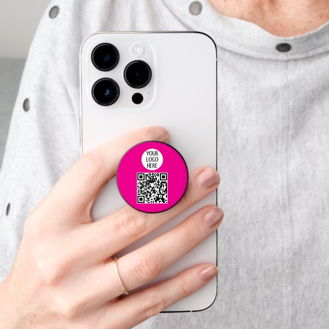Customize Your QR code company logo Hot pink PopSocket (Hand)