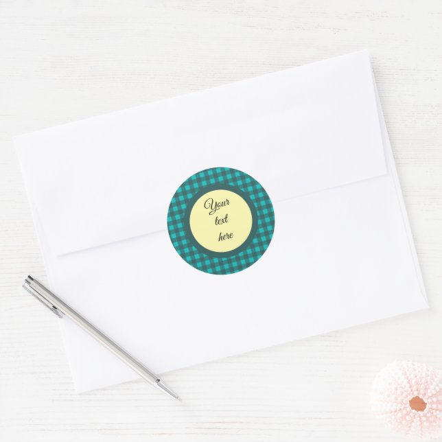 Customize Your Text Teal Check Plaid Pattern  Classic Round Sticker (Envelope)
