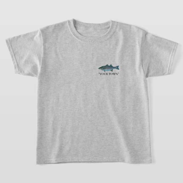 CUSTOMIZE Your Town or Name Striped Bass FISHING T T-Shirt (Laydown)
