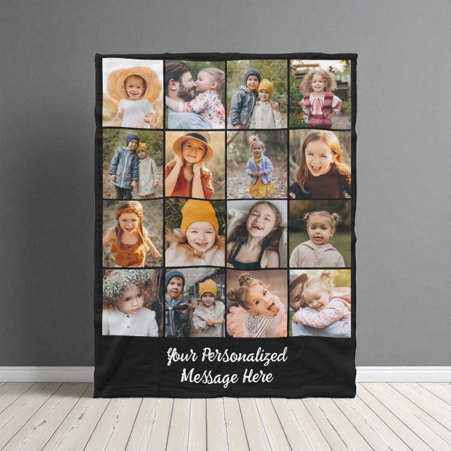 Customized 16 Photo Collage Modern Family Text Fleece Blanket (Creator Uploaded)