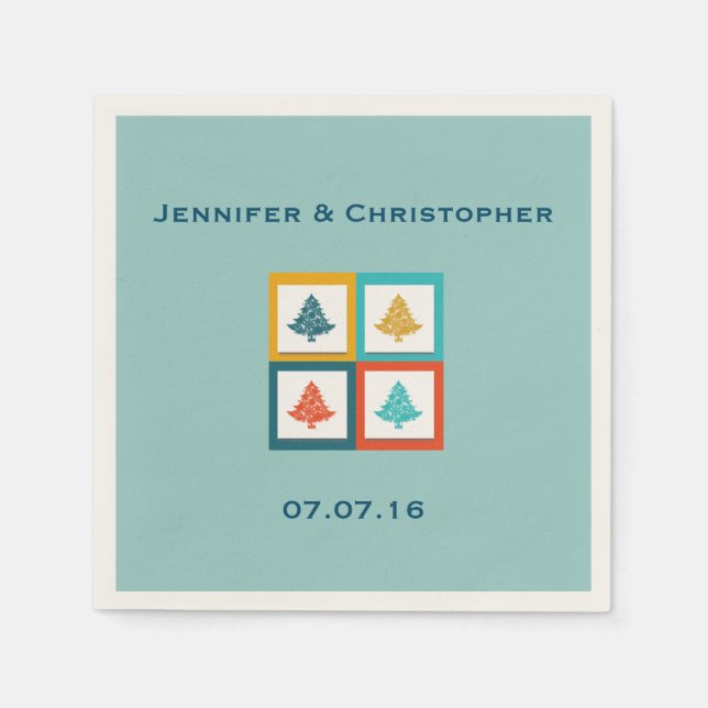 Customized 4 Christmas Trees Retro Design Wedding Paper Napkins (Front)