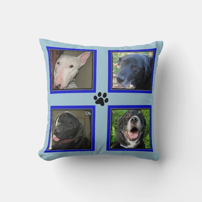 Customized 4 Photo Collage-Blue Frame-Blue Throw Pillow (Front)