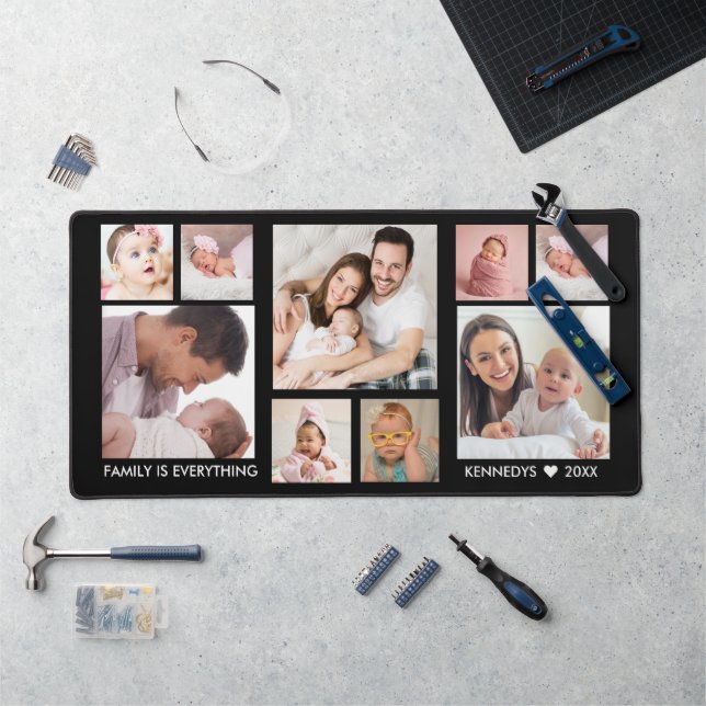 Customized 9 Photo Collage Family Name Quote Black Desk Mat (Workstation)