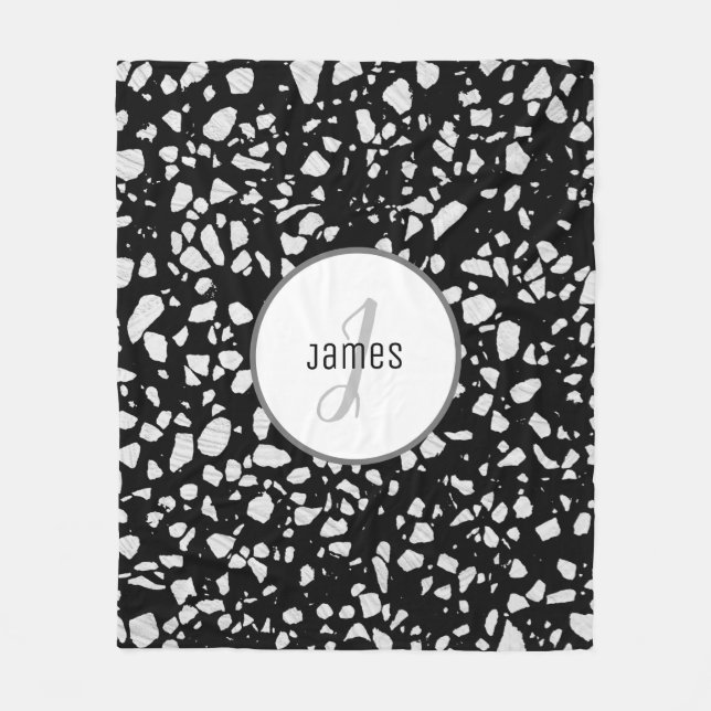 Customized Abstract Terrazzo Black & White Pattern Fleece Blanket (Front)