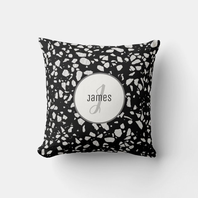 Customized Abstract Terrazzo Black & White Pattern Throw Pillow (Front)