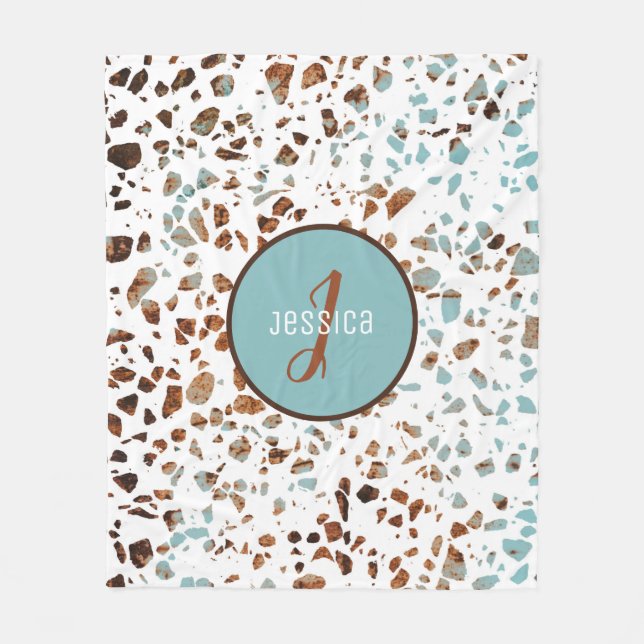 Customized Abstract Terrazzo Brown & Blue Pattern  Fleece Blanket (Front)