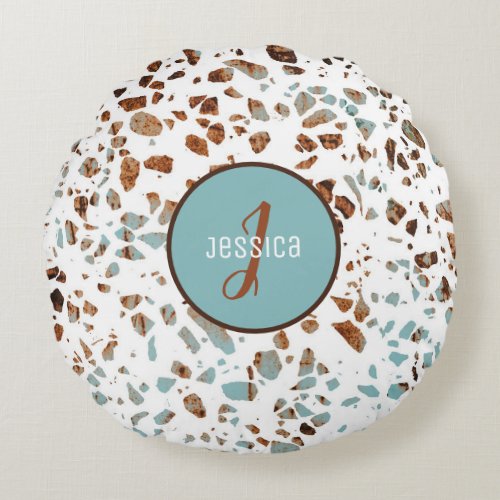 Customized Abstract Terrazzo Brown  Blue Pattern Round Pillow