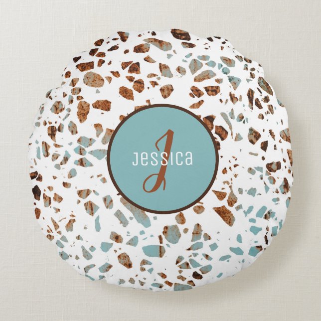 Customized Abstract Terrazzo Brown & Blue Pattern Round Pillow (Front)