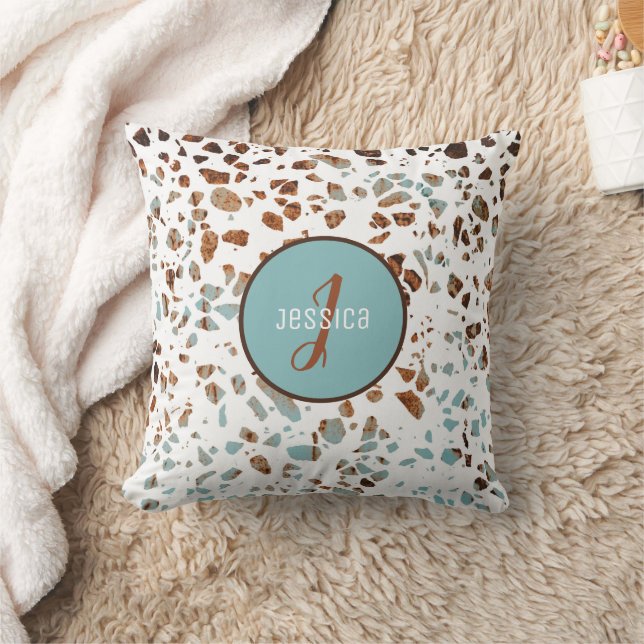 Customized Abstract Terrazzo Brown & Blue Pattern Throw Pillow (Blanket)