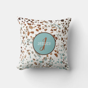 Customized Abstract Terrazzo Brown & Blue Pattern Throw Pillow
