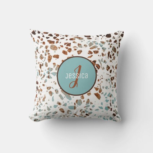 Customized Abstract Terrazzo Brown  Blue Pattern Throw Pillow