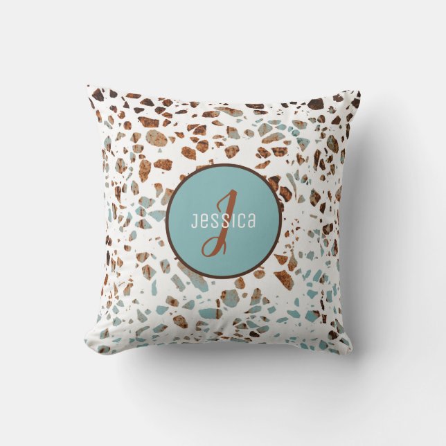 Customized Abstract Terrazzo Brown & Blue Pattern Throw Pillow (Front)