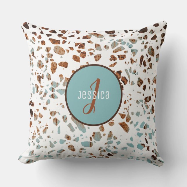 Customized Abstract Terrazzo Brown & Blue Pattern Throw Pillow (Front)