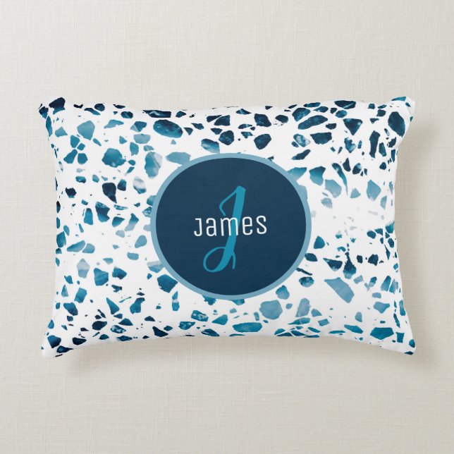 Customized Abstract Terrazzo Mosaic Blue Pattern  Accent Pillow (Front)
