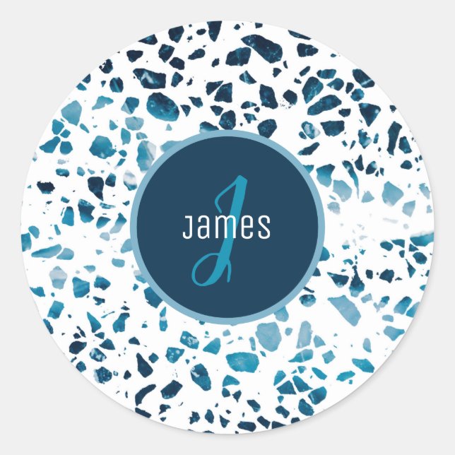 Customized Abstract Terrazzo Mosaic Blue Pattern Classic Round Sticker (Front)