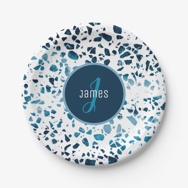 Customized Abstract Terrazzo Mosaic Blue Pattern Paper Plates (Front)