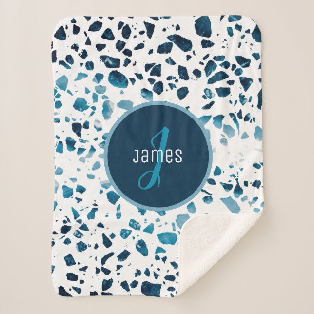 Customized Abstract Terrazzo Mosaic Blue Pattern  Sherpa Blanket (Front)