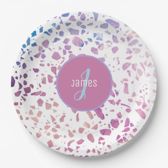 Customized Abstract Terrazzo Pink & Blue Pattern Paper Plates (Front)