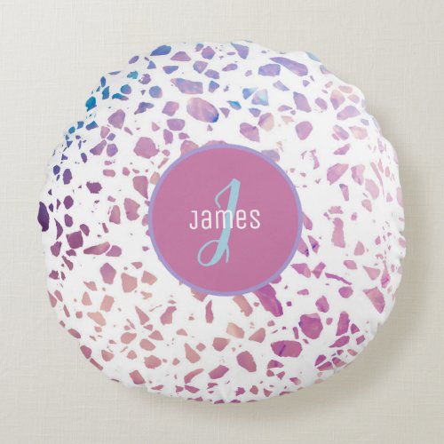 Customized Abstract Terrazzo Pink  Blue Pattern Round Pillow