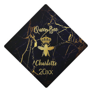 Customized Aesthetic QUEEN BEE Gold & Black Marble Graduation Cap Topper