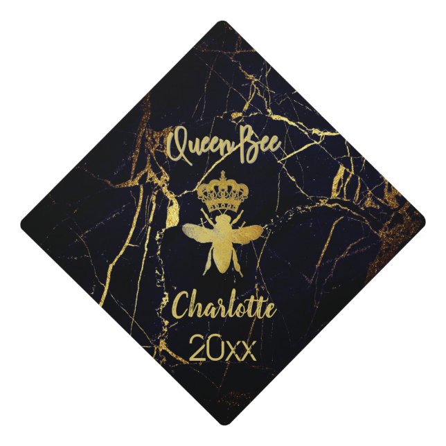 Customized Aesthetic QUEEN BEE Gold & Black Marble Graduation Cap Topper (Front)