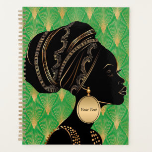 Customized African American Woman Green Black Gold Planner