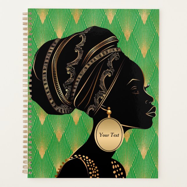 Customized African American Woman Green Black Gold Planner (Front)