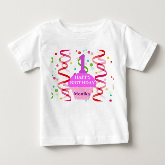 Customized Age and Name Happy Birthday Cupcake Baby T-Shirt (Front)