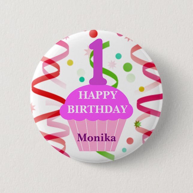 Customized Age and Name Happy Birthday Cupcake Pinback Button (Front)