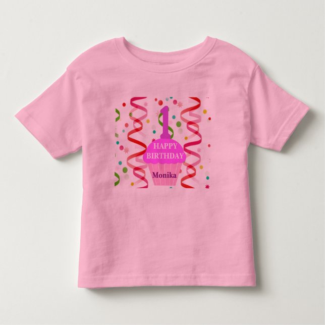 Customized Age and Name Happy Birthday Cupcake Toddler T-shirt (Front)