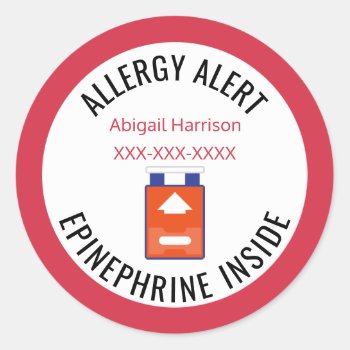 Customized Allergy Alert Epinephrine Inside Kids Classic Round Sticker by LilAllergyAdvocates at Zazzle