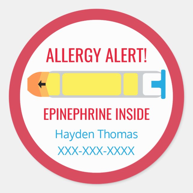 Customized Allergy Alert Epinephrine Inside Kids Classic Round Sticker (Front)