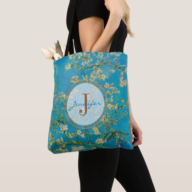 Customized Almond Blossom Tree Van Gogh Monogram Tote Bag (Close Up)