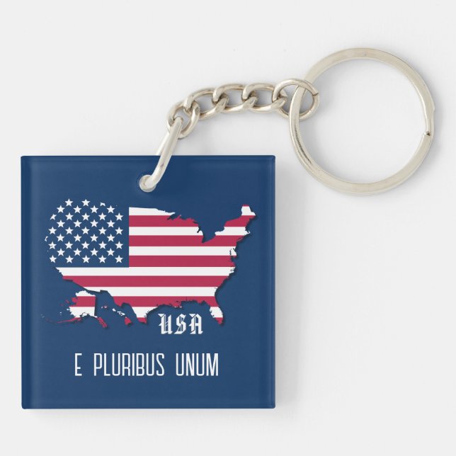 Customized American Flag Over Map, USA and Motto Keychain (Back)