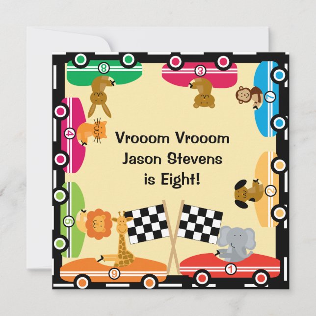 Customized Animal Racers Racing Birthday Invites (Front)
