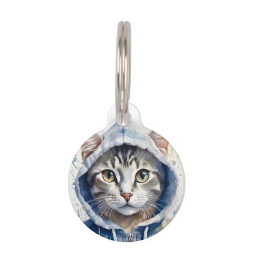 Customized Artwork Tabby Cat Blue Hoodie Splatter Pet ID Tag