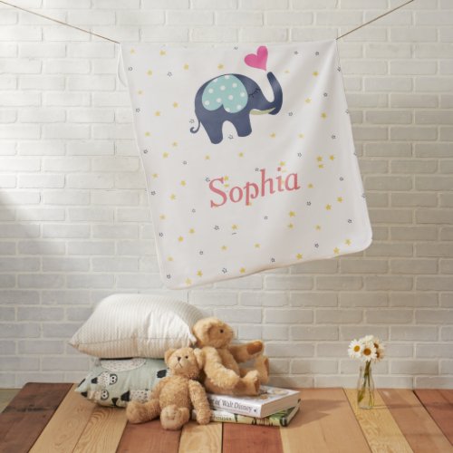 Customized baby girl name Cute Elephant and  Stars Baby Blanket