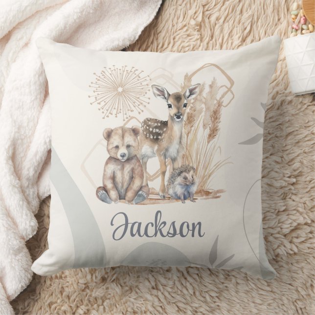 Customized Baby Name Boho Bear Deer Gender Neutral Throw Pillow (Blanket)