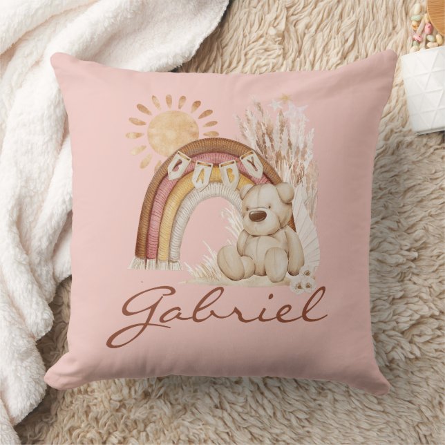 Customized Baby Name Boho Bear Rainbow Sunshine Throw Pillow (Blanket)