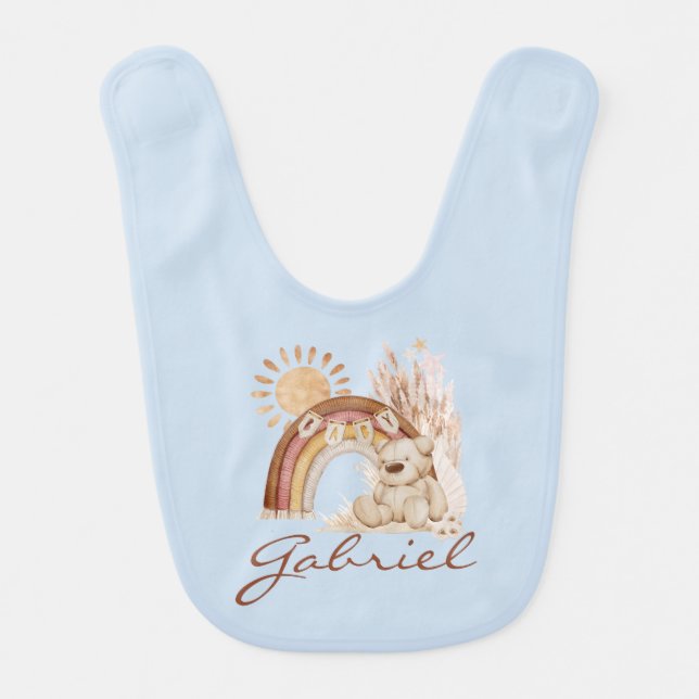 Customized Baby Name Boho Teddy Bear Rainbow Baby Bib (Front)