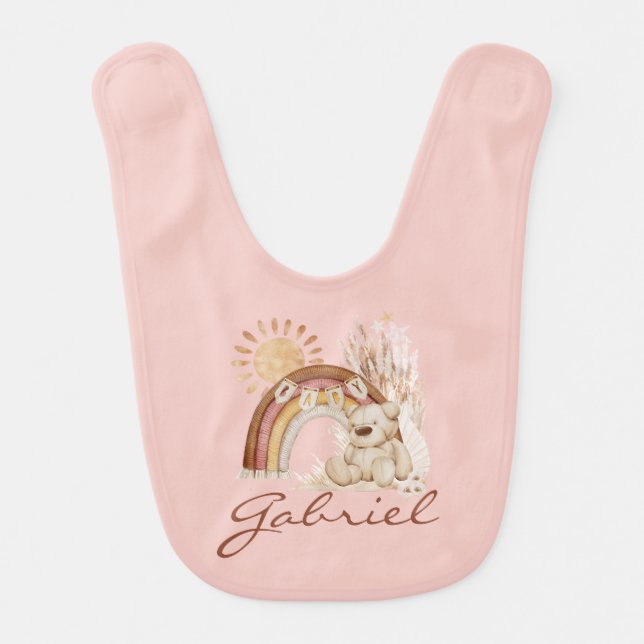 Customized Baby Name Boho Teddy Bear Rainbow Bib (Front)
