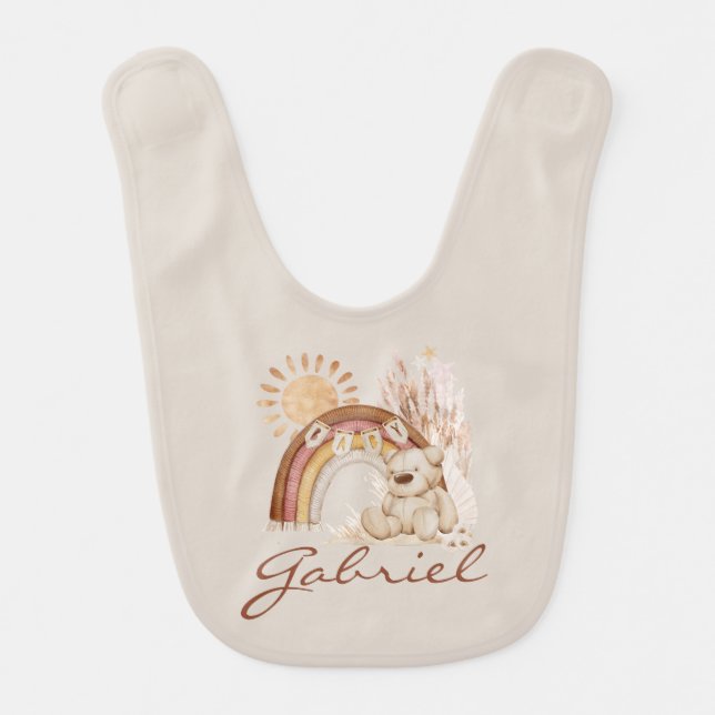 Customized Baby Name Boho Teddy Bear Rainbow Bib (Front)