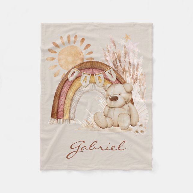 Customized Baby Name Boho Teddy Bear Rainbow Fleece Blanket (Front)