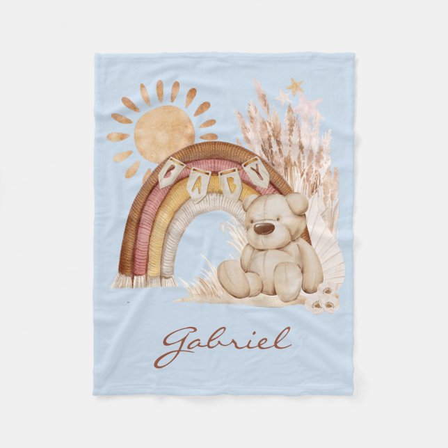 Customized Baby Name Boho Teddy Bear Rainbow Fleece Blanket (Front)