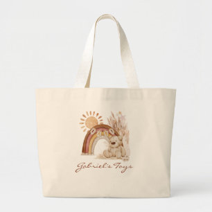 Customized Baby Name Boho Teddy Bear Rainbow Large Tote Bag