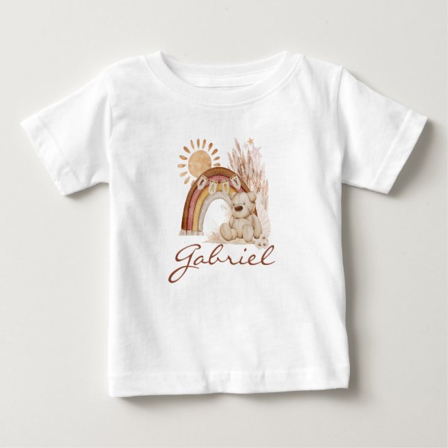 Customized Baby Name Boho Teddy Bear Rainbow T-Shirt (Front)