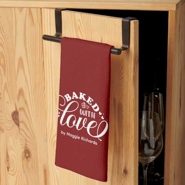 Customized Baked with Love Red Baking Kitchen Towe Kitchen Towel (Thirds Fold)