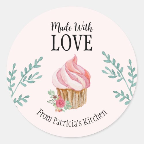 Customized Baking Pink Watercolor Floral Cupcake  Classic Round Sticker