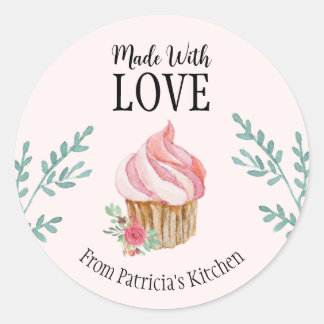 Customized Baking Pink Watercolor Floral Cupcake  Classic Round Sticker