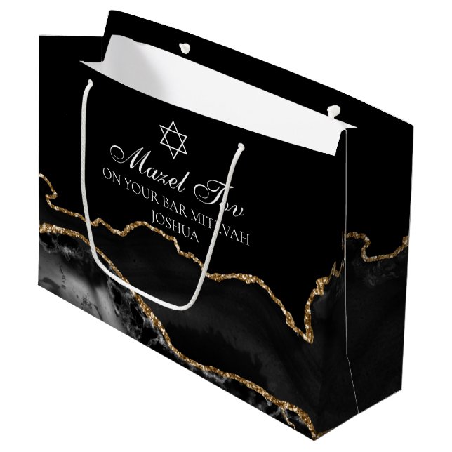 Customized Bar Mitzvah Mazel Tov Black Gold Large Gift Bag (Front Angled)
